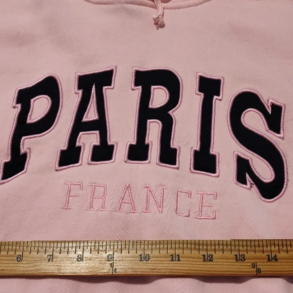 Paris France Pink Hoodie Medium 20" PTP Embroidery Front Comfy Vintage - Picture 3 of 13